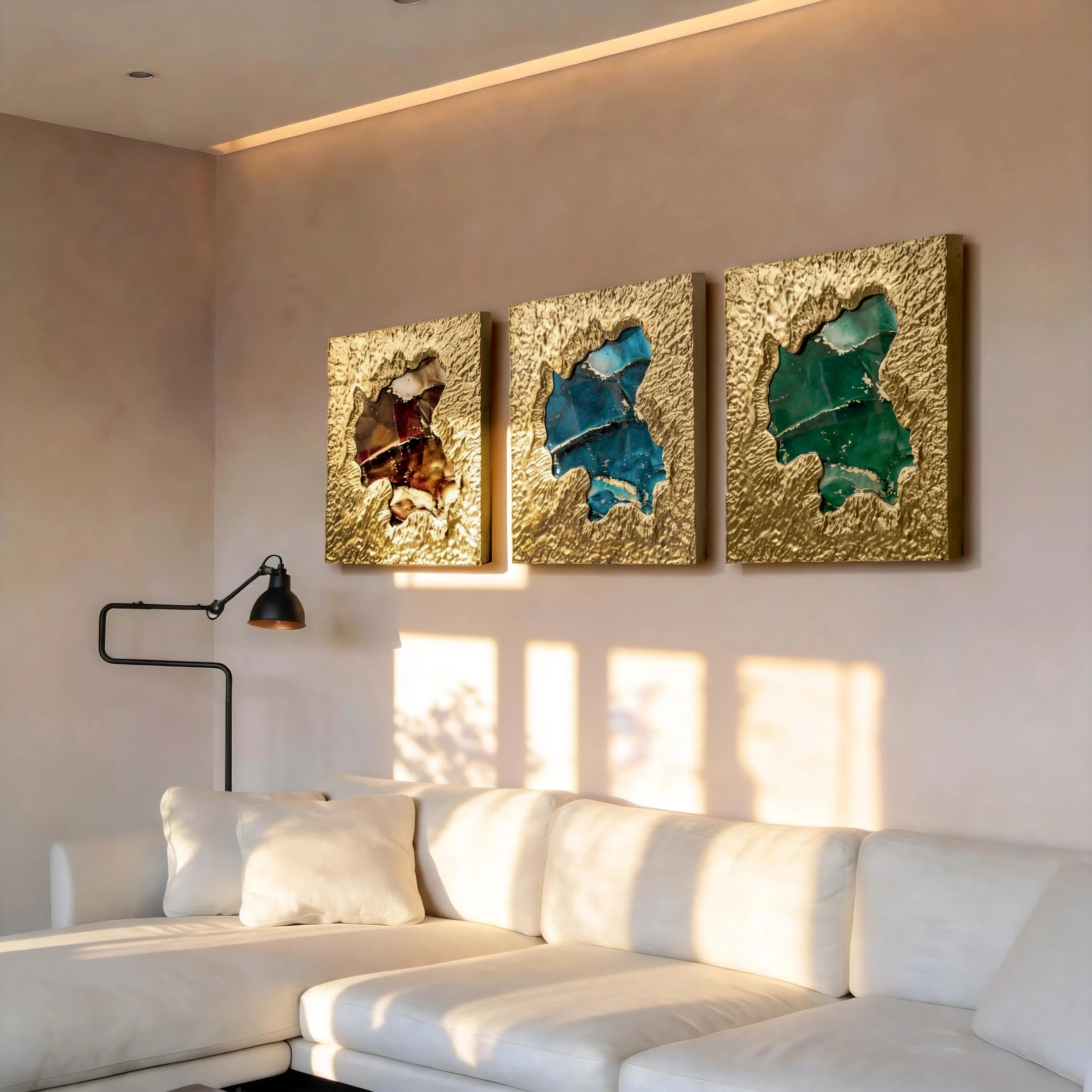 AetherCanvas® mineral texture wall art displayed in a luxury modern interior, creating a calming and focused energy field