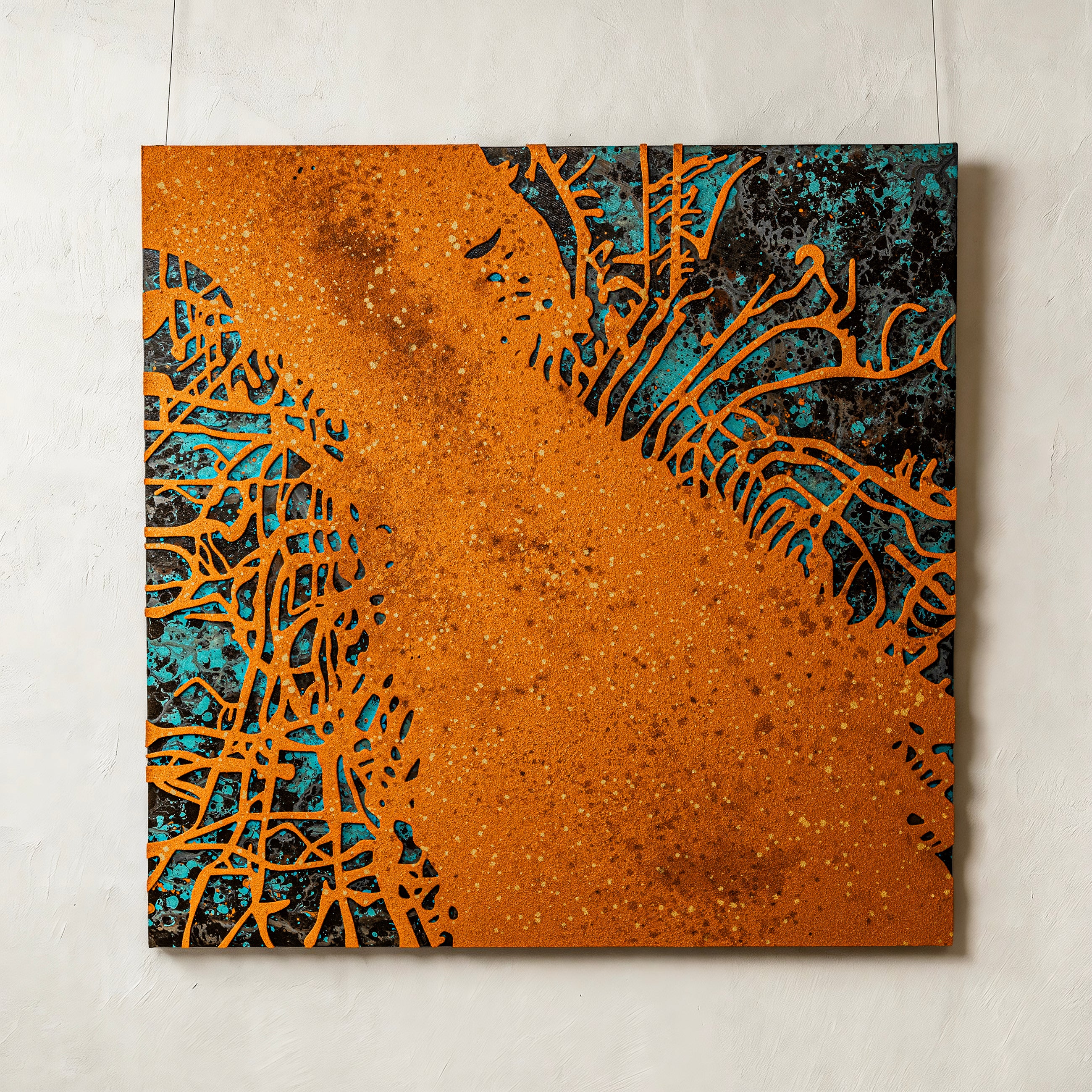 Blossoming Flame — full view of handcrafted 3D wall art embodying fire element vitality, with a gilded terrain textured surface that radiates warmth and upward energy across the entire composition.