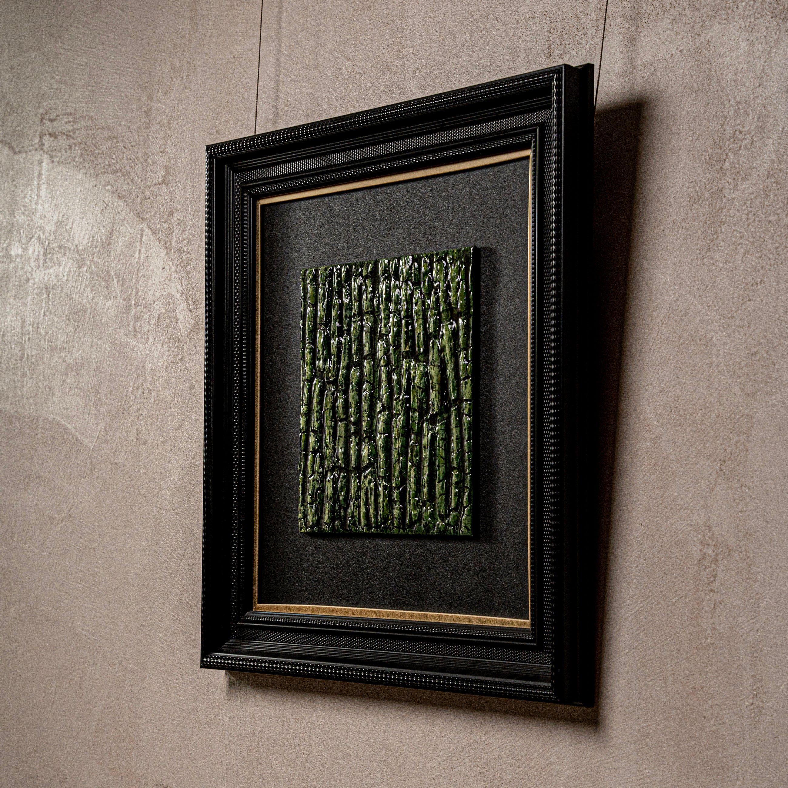 Emerging Life — full-surface texture view showcasing the all-over earth element mineral ridges and the luminous golden glow of the handcrafted Eastern Gold Leaf finish.