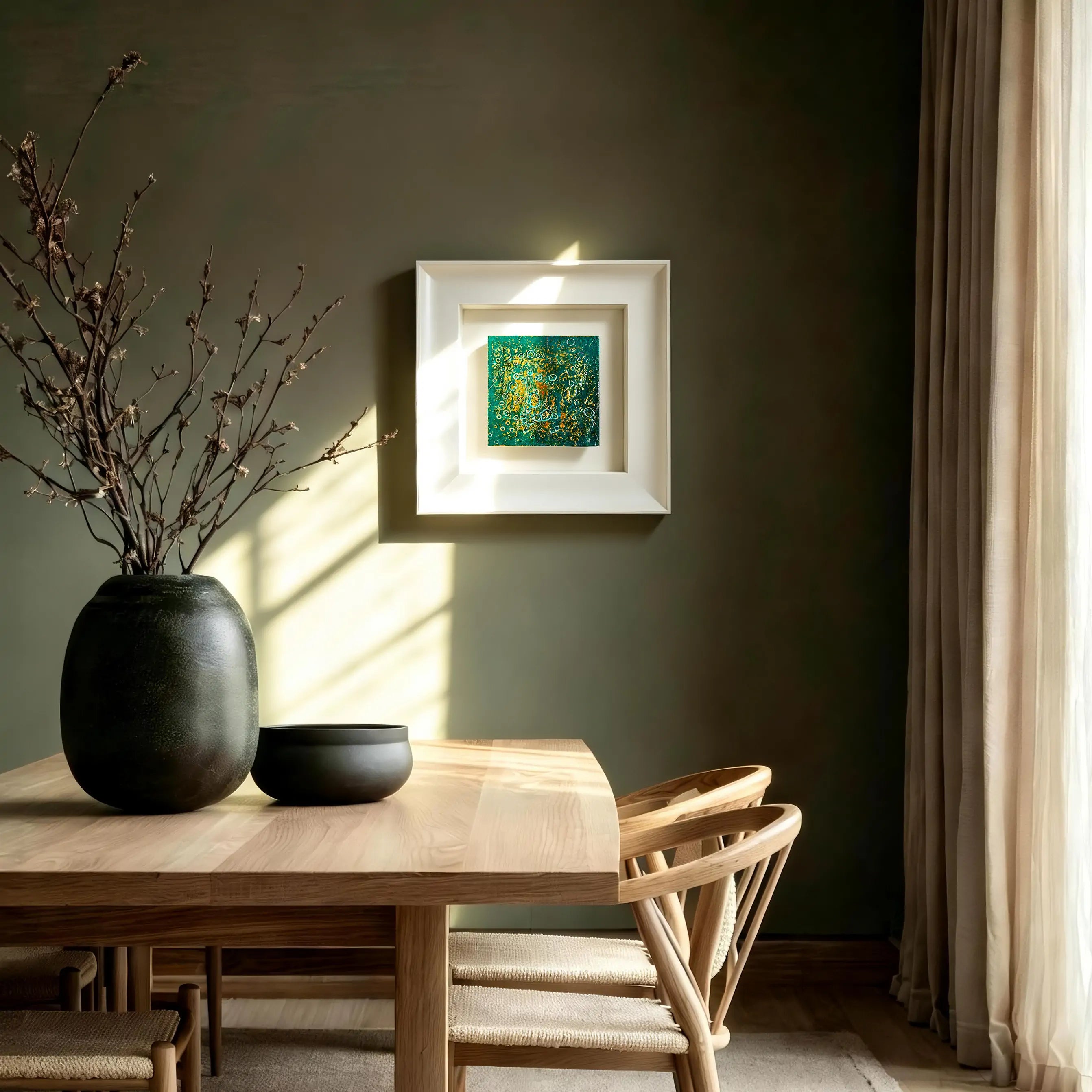 Golden Rain framed art styled in a refined interior, evoking the harmony of metal and water elements with its luminous textured aluminum foil surface.