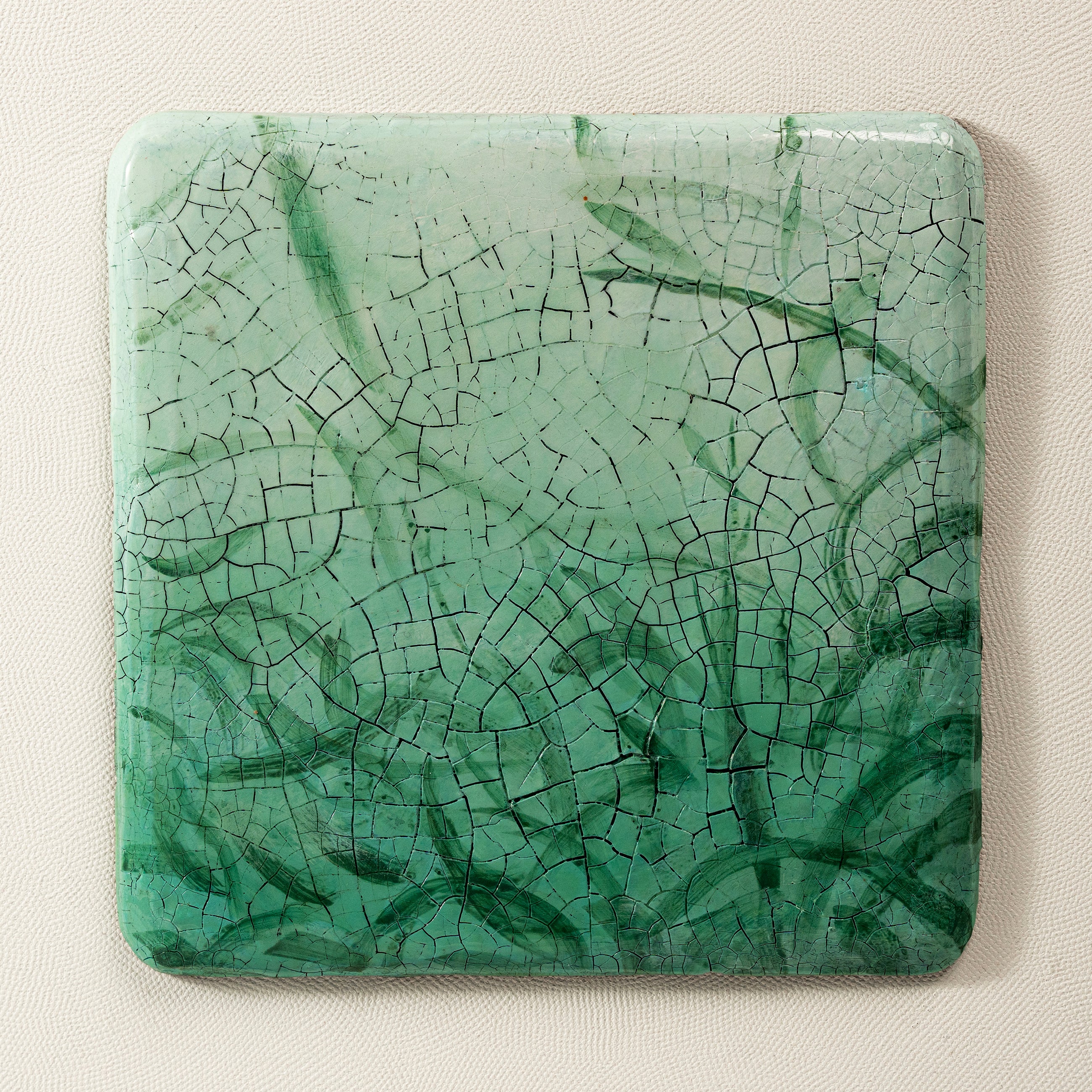 Close-up of Jade Meridian art print canvas core revealing handcrafted mineral texture layers in jade tones that express wood element life force in dimensional relief.