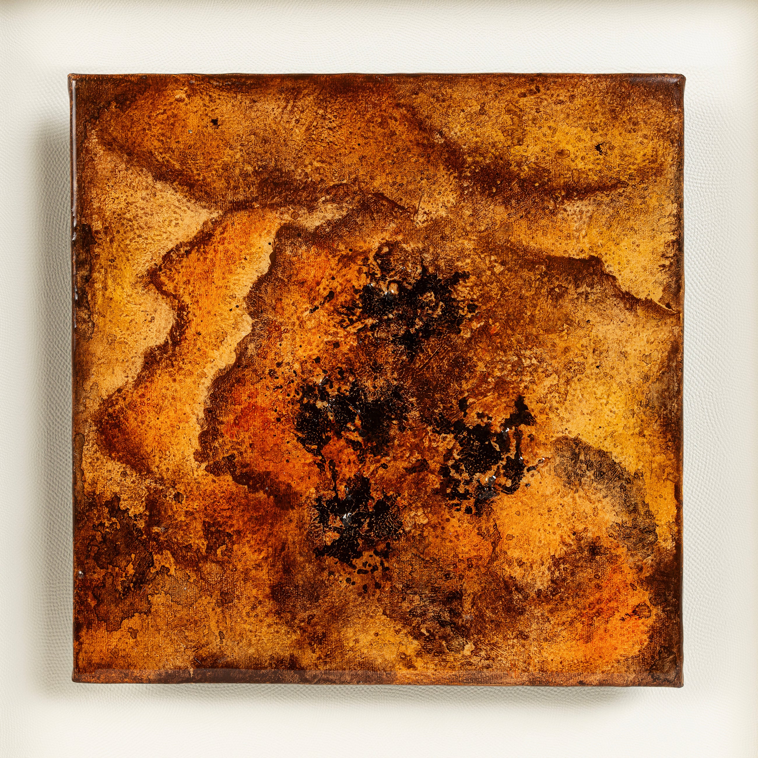Unframed canvas of Peony — Mineral Paint · Aura Frame, revealing the full fire element mineral surface where the peony's three-dimensional structure exists in the pigment itself, built through Song Dynasty glazing tradition refined across more than eight hundred years.