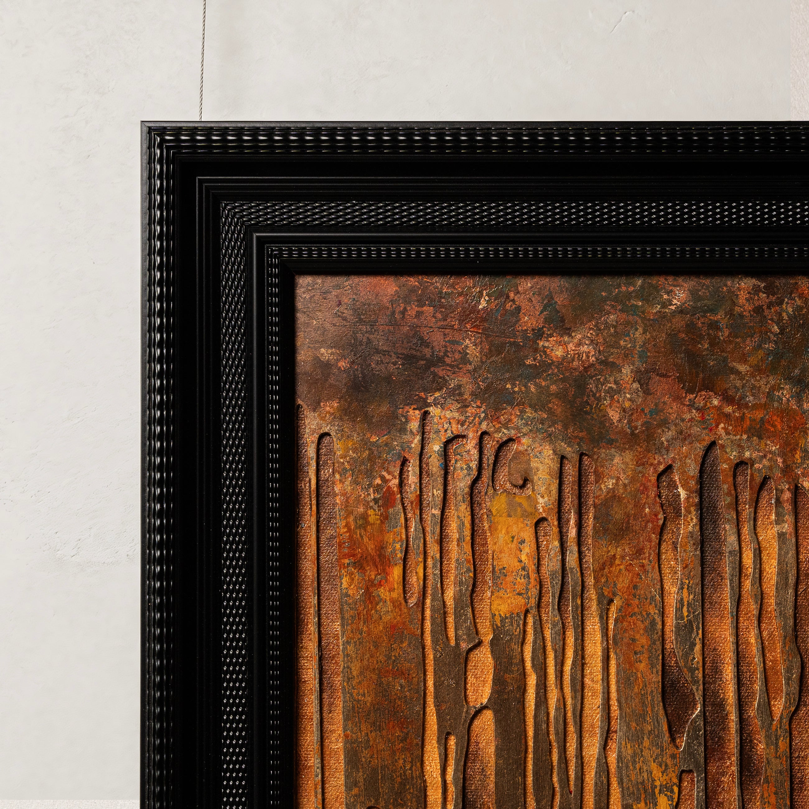 Shimmering Cascade — mid-right surface close-up showcasing the molten texture and luminous fire element tones of the fired foil finish.