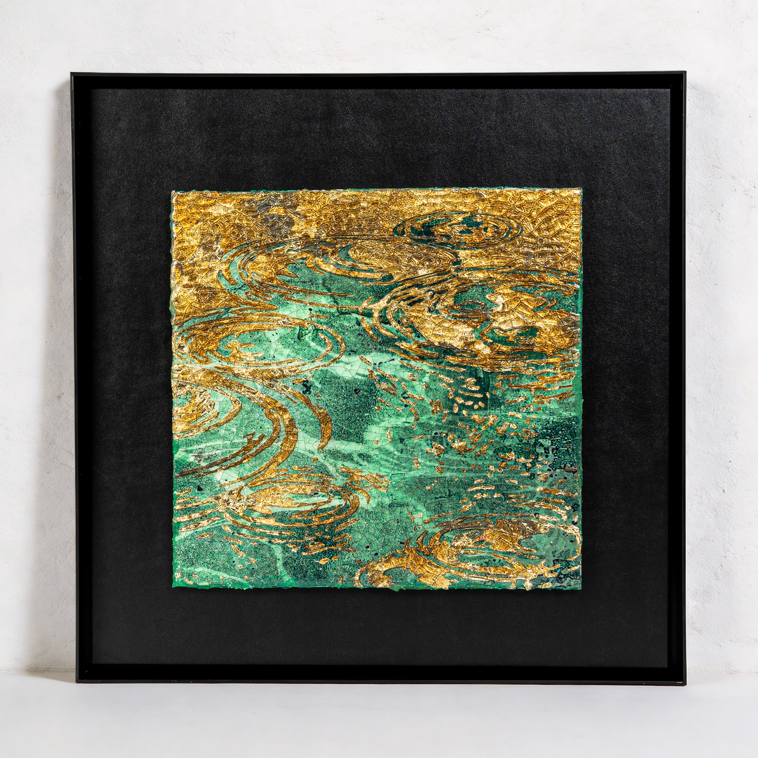 Still Water, Deep Current — Patinated Foil · Aura Frame main — full view of patinated foil wall art in Aura Frame, embodying water element energy with layered ripple texture across the entire surface.