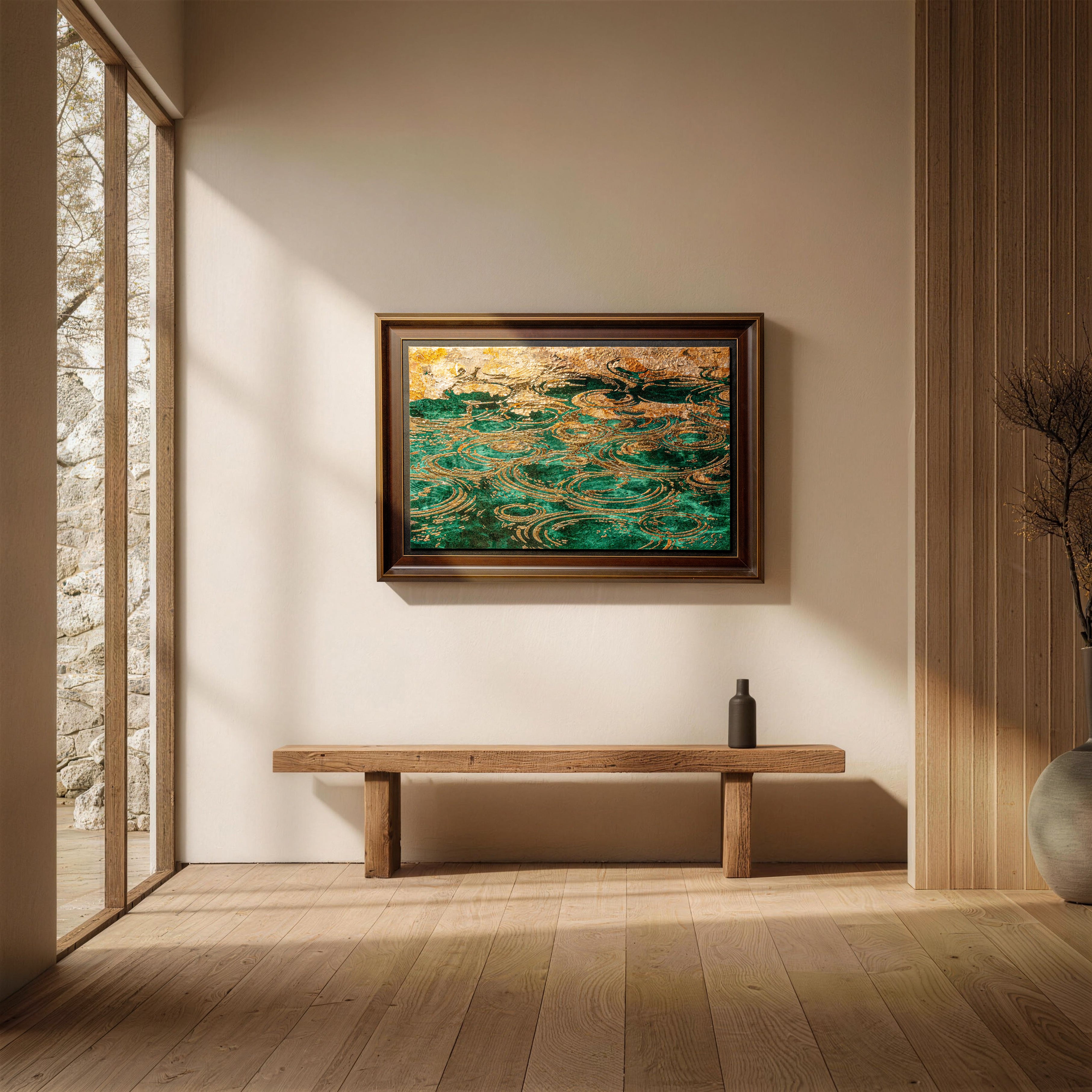 "Still Water, Deep Current — Patinated Foil Grand displayed in an interior space, its water element-inspired mineral texture and patinated foil surface bringing organic depth and quiet presence to the wall.