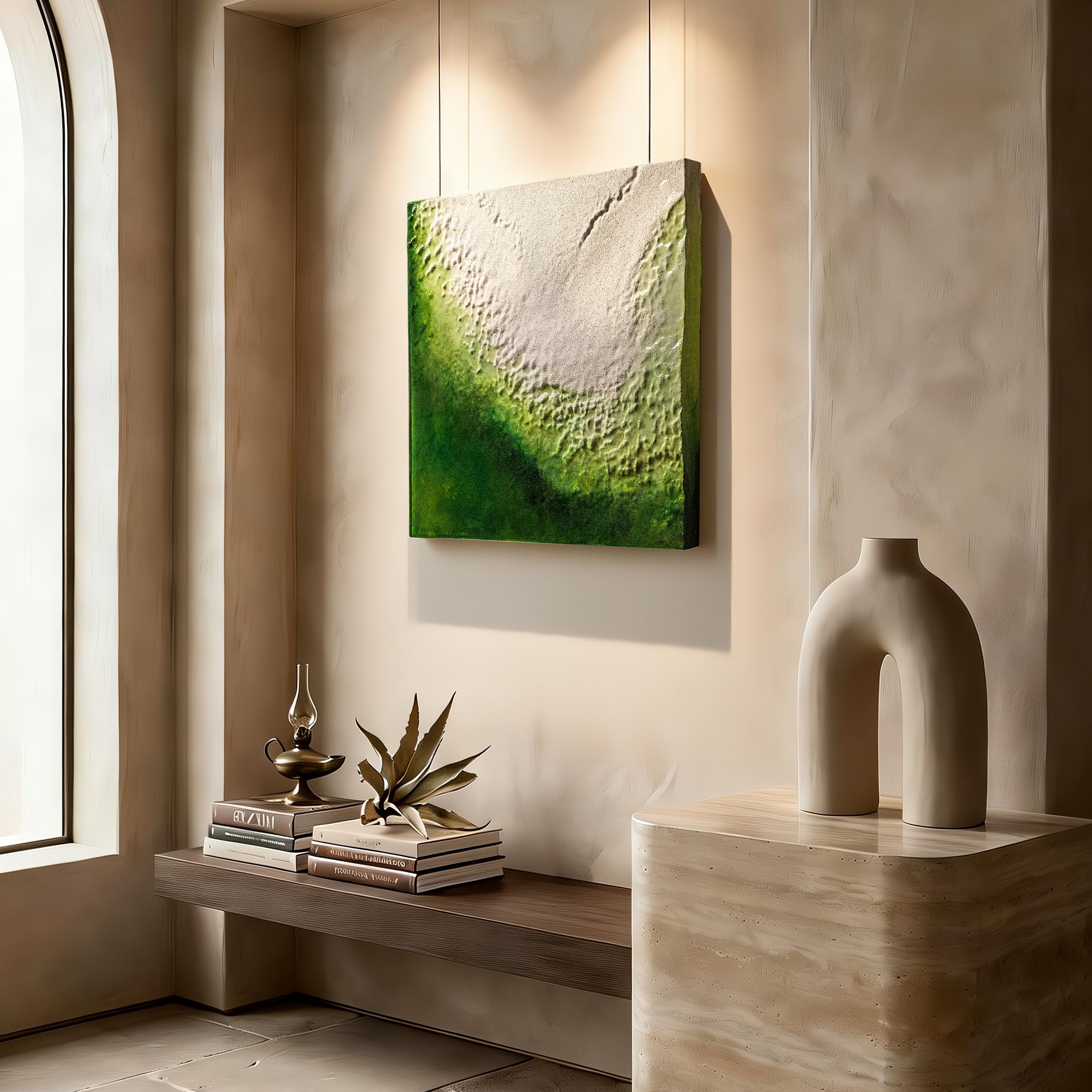 The Frozen Spring of Life textured wall art displayed in a serene interior, its water element palette of blended greens and organic mineral texture transforming the wall into a quiet sanctuary for contemplation.
