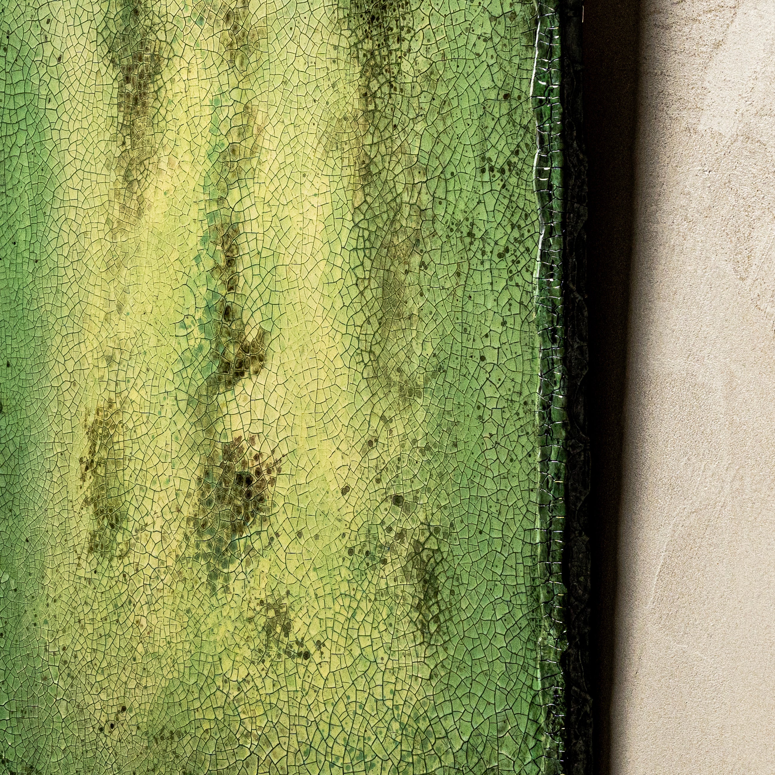 Verdant Emergence — close-up detail highlighting the handcrafted layering technique, where each sculpted earth element stroke builds the artwork's signature organic texture.