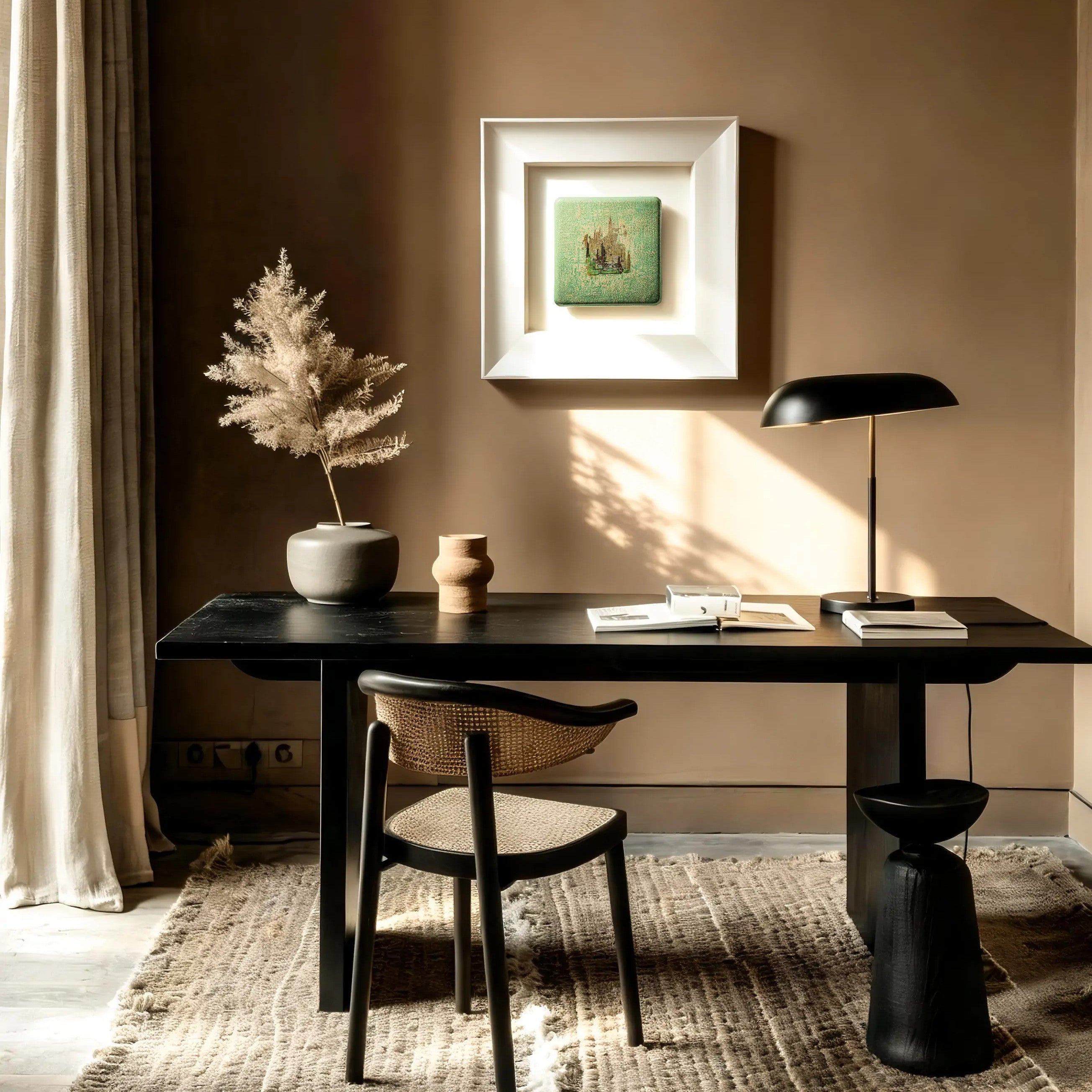 Windward — Patinated Foil · Aura Frame displayed in an interior setting, its wood element energy and luminous lacquer texture — green as duckweed after rain — bringing iridescent warmth and natural depth to the wall.