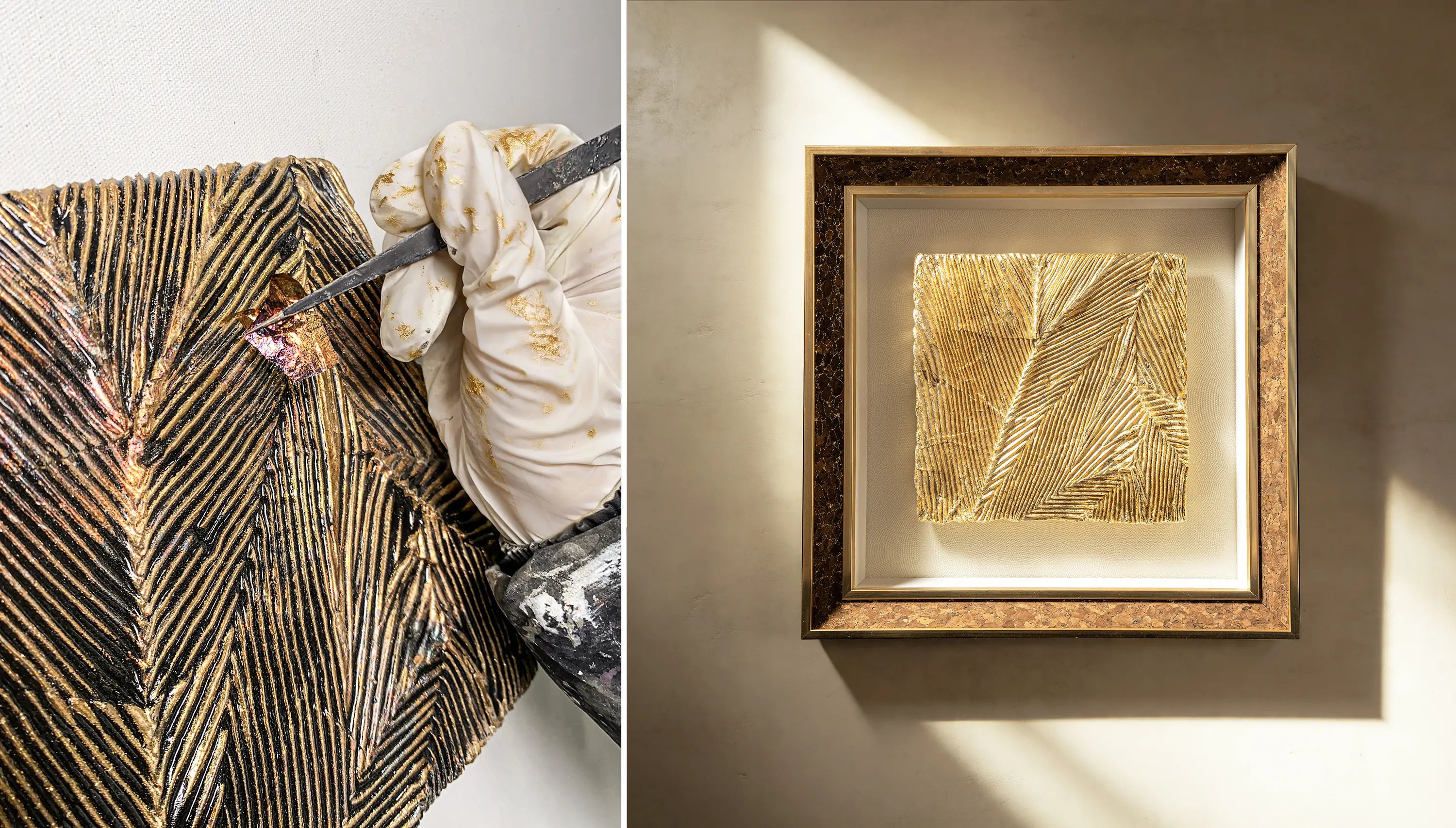AetherCanvas luxury feng shui wall art with mineral textures and gold-leaf craftsmanship in a modern interior