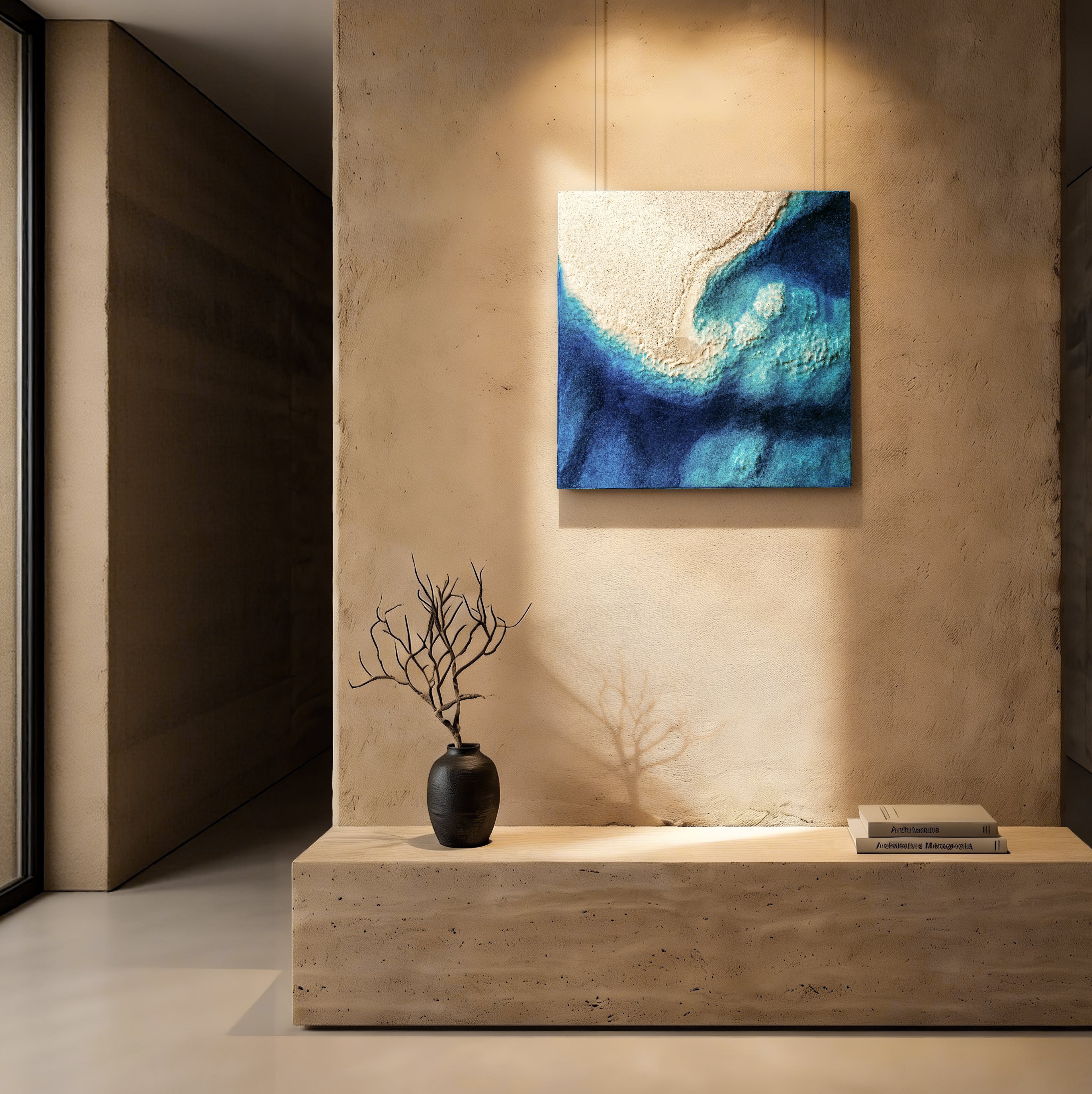 Abyssal Power — lifestyle scene of handcrafted art in a serene interior, channeling water element renewal through its dimensional frozen spring texture and deep tonal presence.