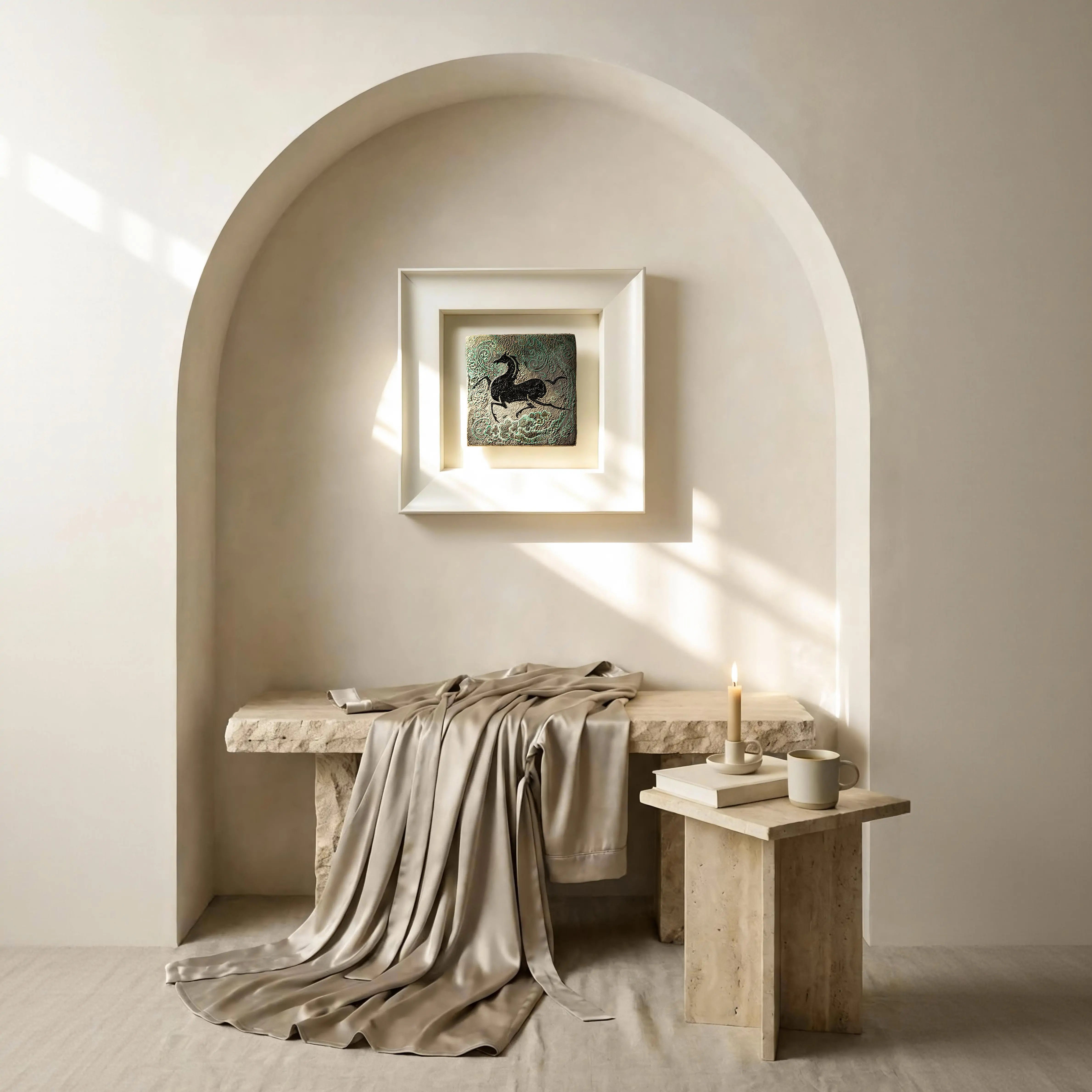 Ascend framed art styled in a warm interior setting, embodying wood and water element vitality with layered textured brushstroke depth.