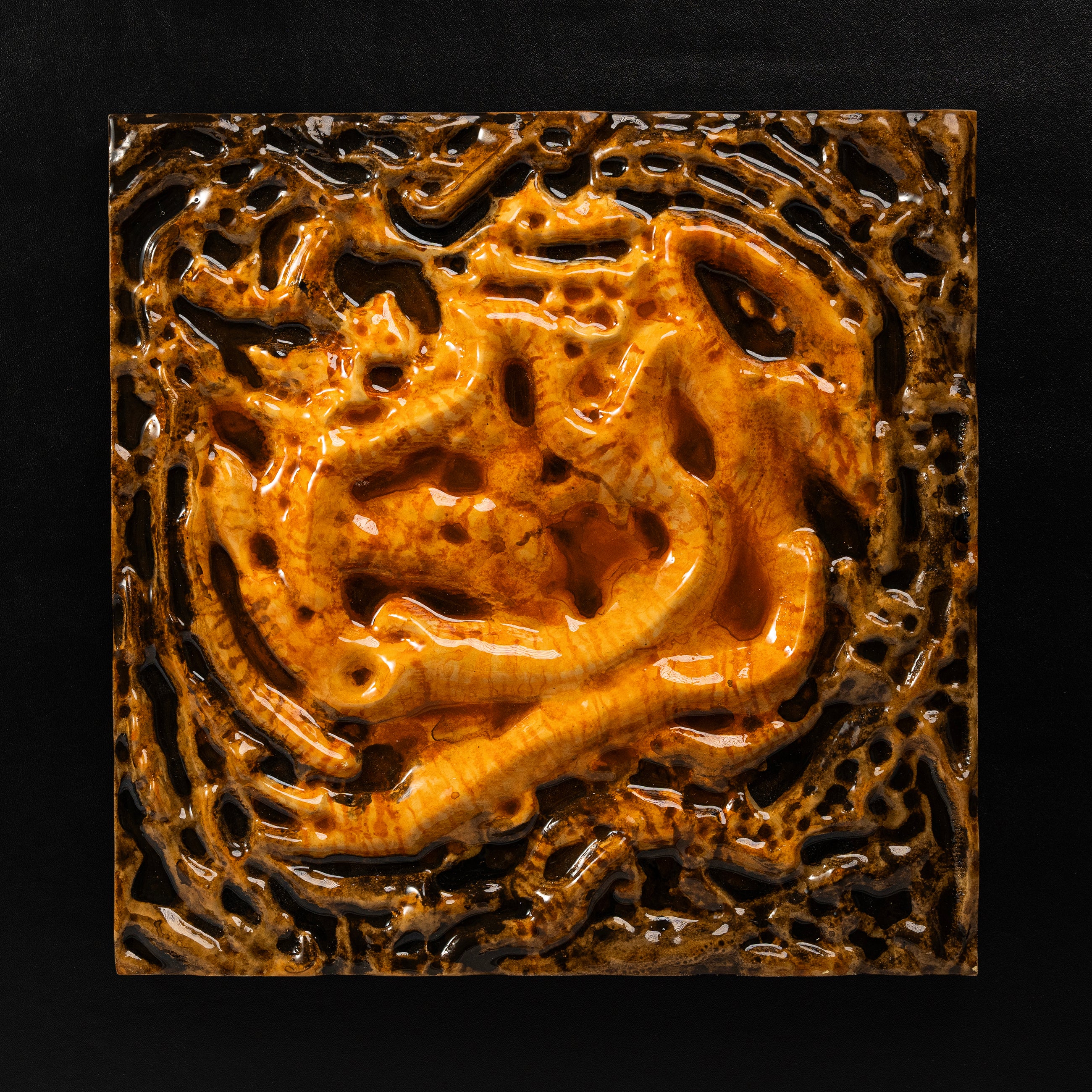 Unframed canvas of Coiled Dragon — Aquarelle · Aura Frame, revealing the full earth element mineral surface with its hand-modeled mountain topography, 1,300-year Tang Dynasty aquarelle washes, and resin-sealed color field deepening the 3D relief.