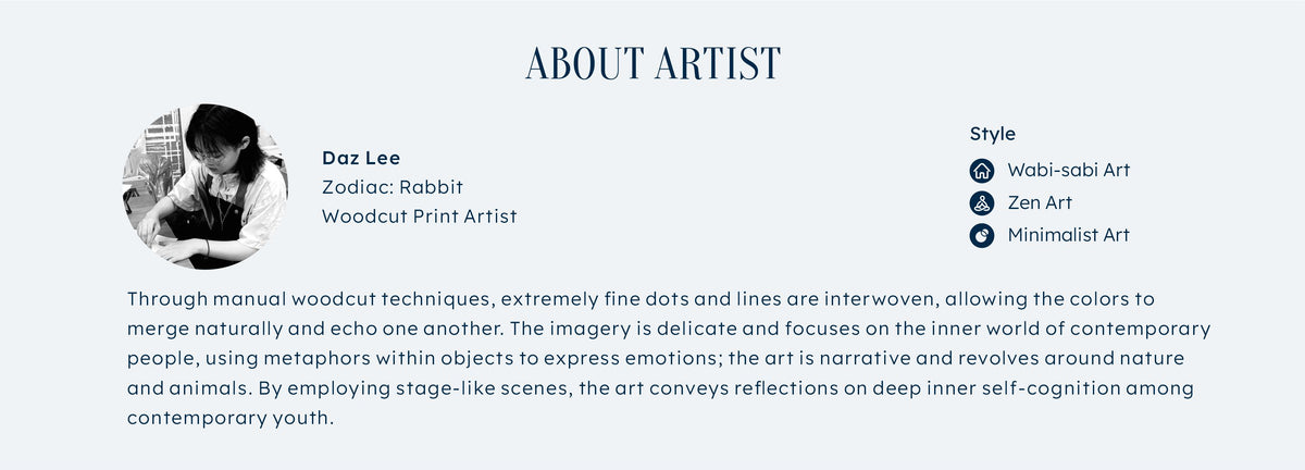 Daz Lee, Woodcut Print Artist — creator of Jade Meridian, specializing in Wabi-sabi, Zen, and Minimalist Art styles using manual woodcut techniques with fine dots and lines to explore nature, animals, and contemporary inner life.