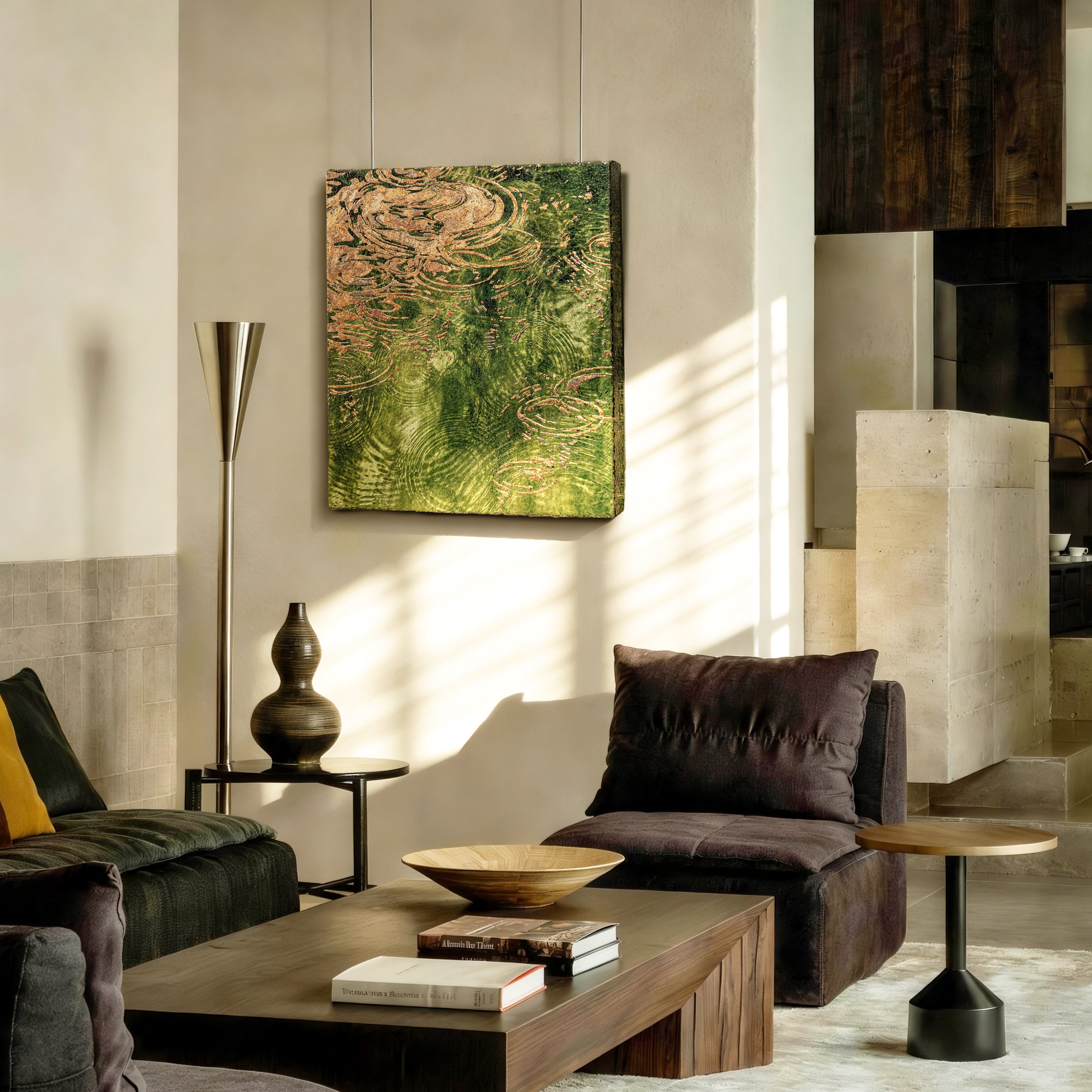 Early Spring and Ripples Fired Foil Handcrafted Art in an interior setting, its water element-inspired ripple texture and cool blue-green mineral surface bringing the quality of early spring light on still water to the wall.
