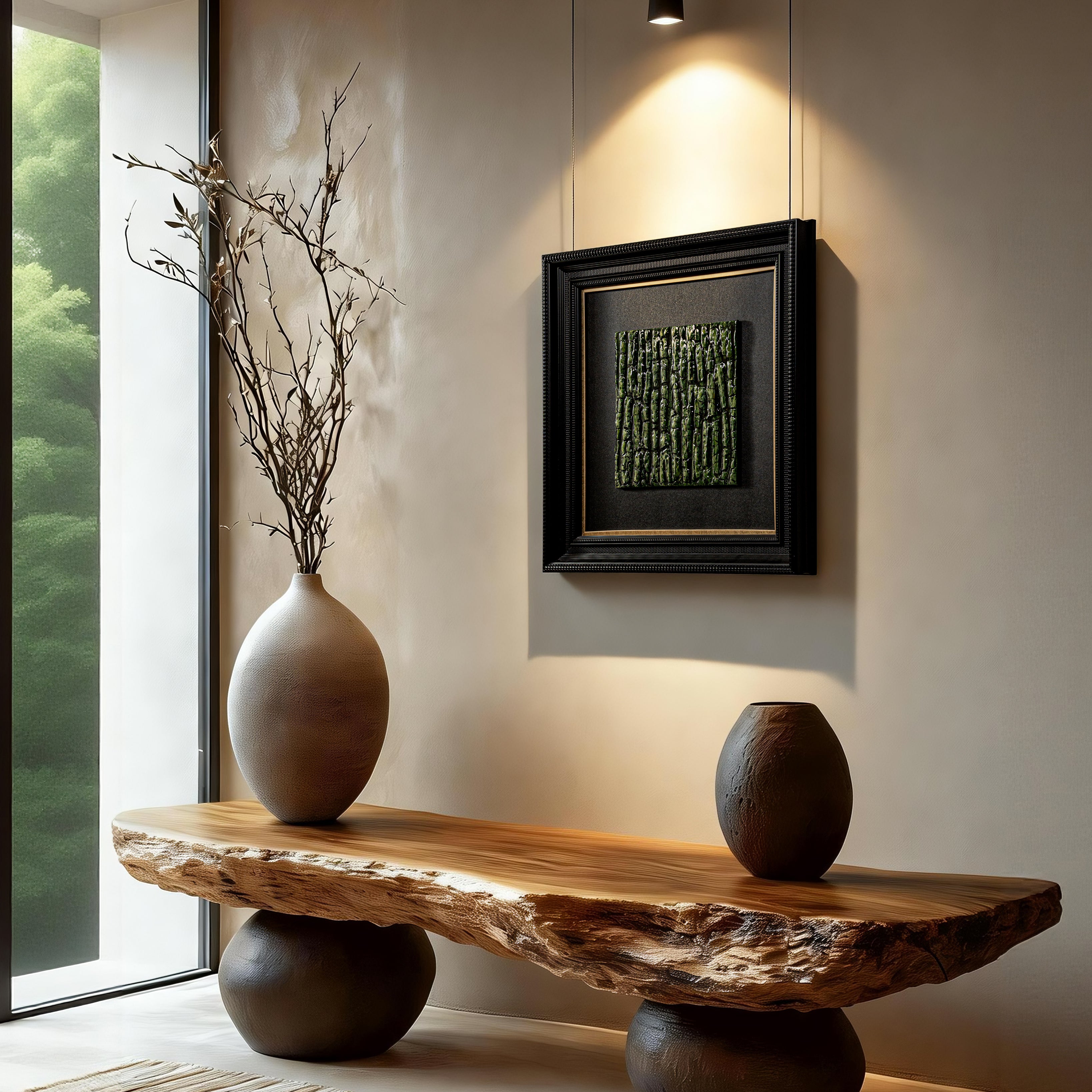 Emerging Life — lifestyle scene of handcrafted art in a refined interior, channeling earth element wealth energy through its luminous gold leaf texture and shifting mineral tonal depth.