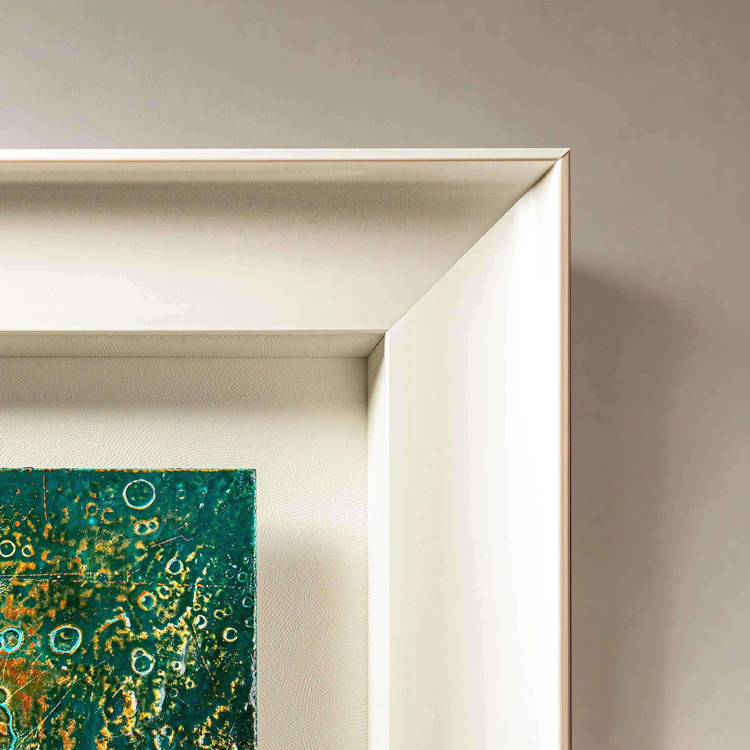 Quarter-corner detail of Golden Rain wall art showcasing the intricate mineral texture where metal element precision meets water element fluidity in aluminum foil relief.