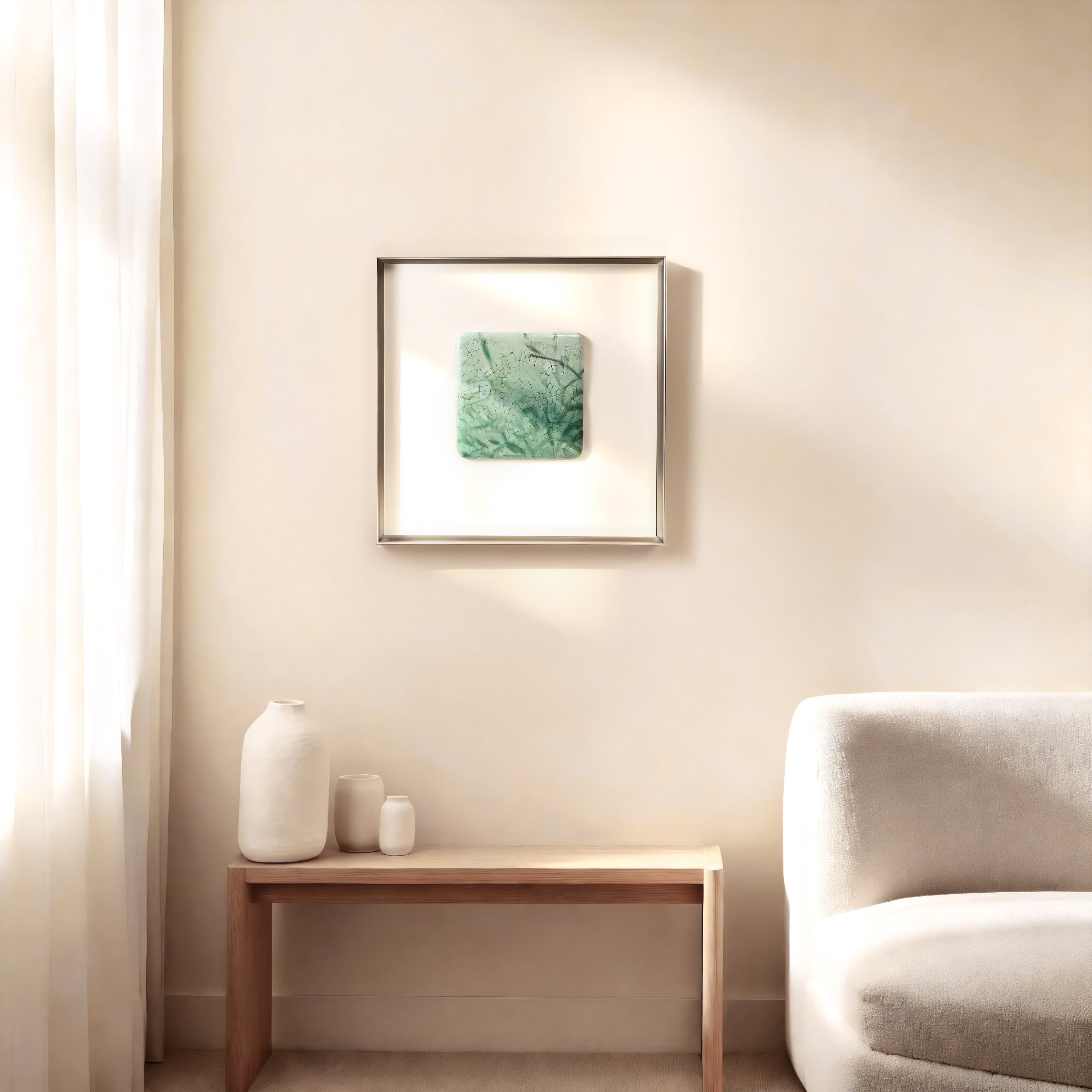 Jade Meridian framed art in a serene interior, channeling wood element vitality and creative growth with its richly textured jade mineral surface.