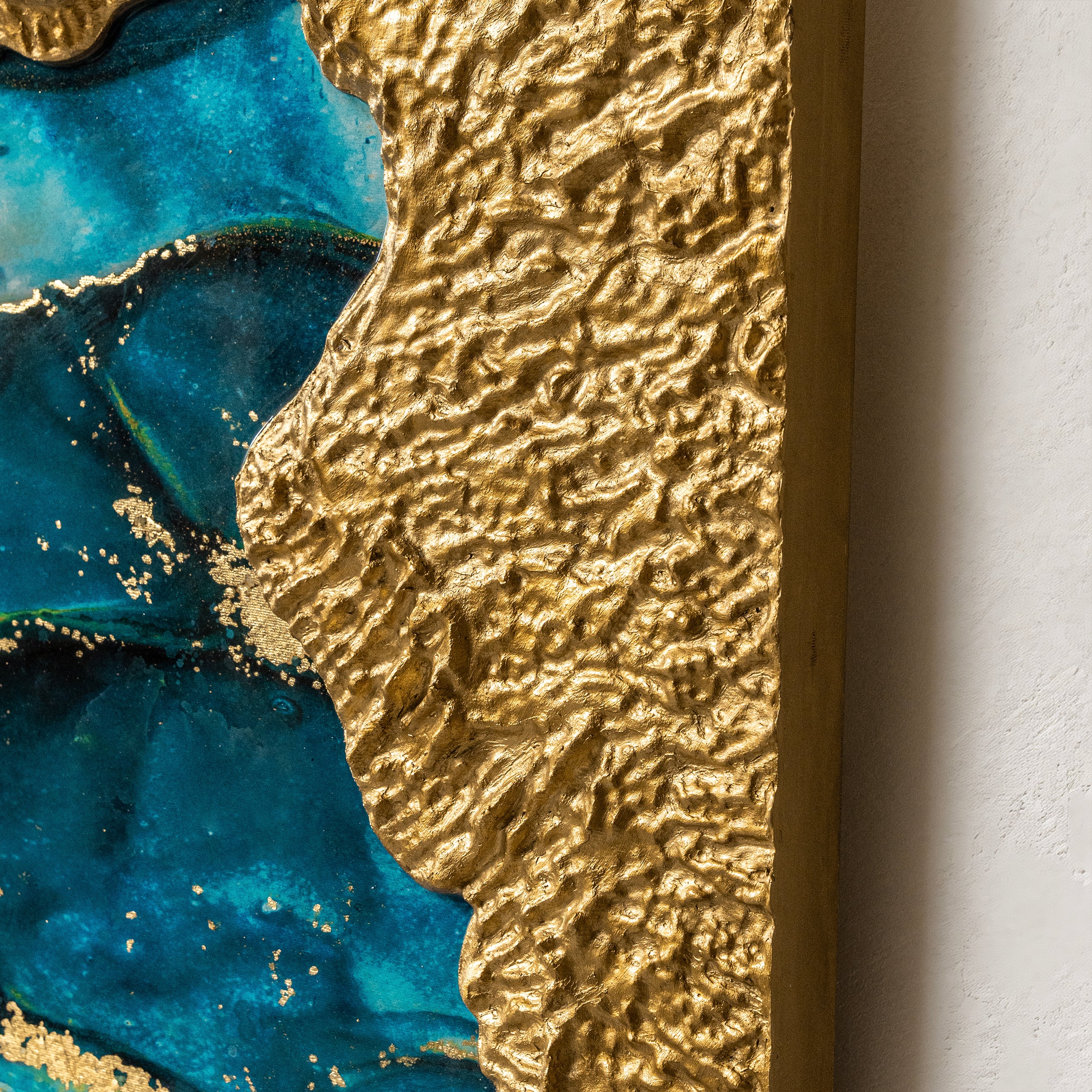 Mirror of Universe-blue — close-up detail highlighting the handcrafted layering technique, where each raised metal element stroke builds the artwork's signature three-dimensional texture.