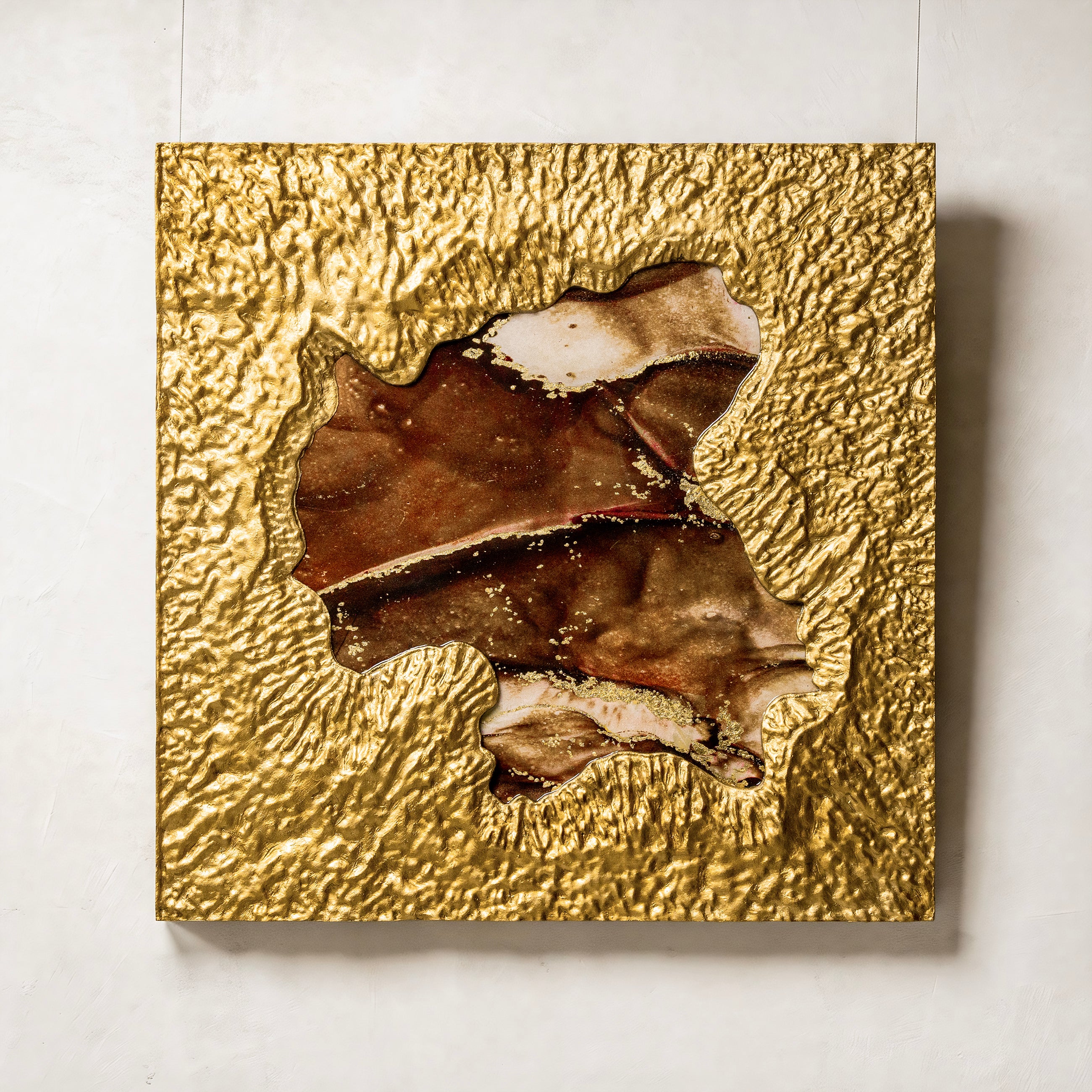 Mirror of Universe-brown — full view of handcrafted 3D wall art embodying metal element clarity, with a luminous textured surface that reflects cosmic depth across the entire composition.