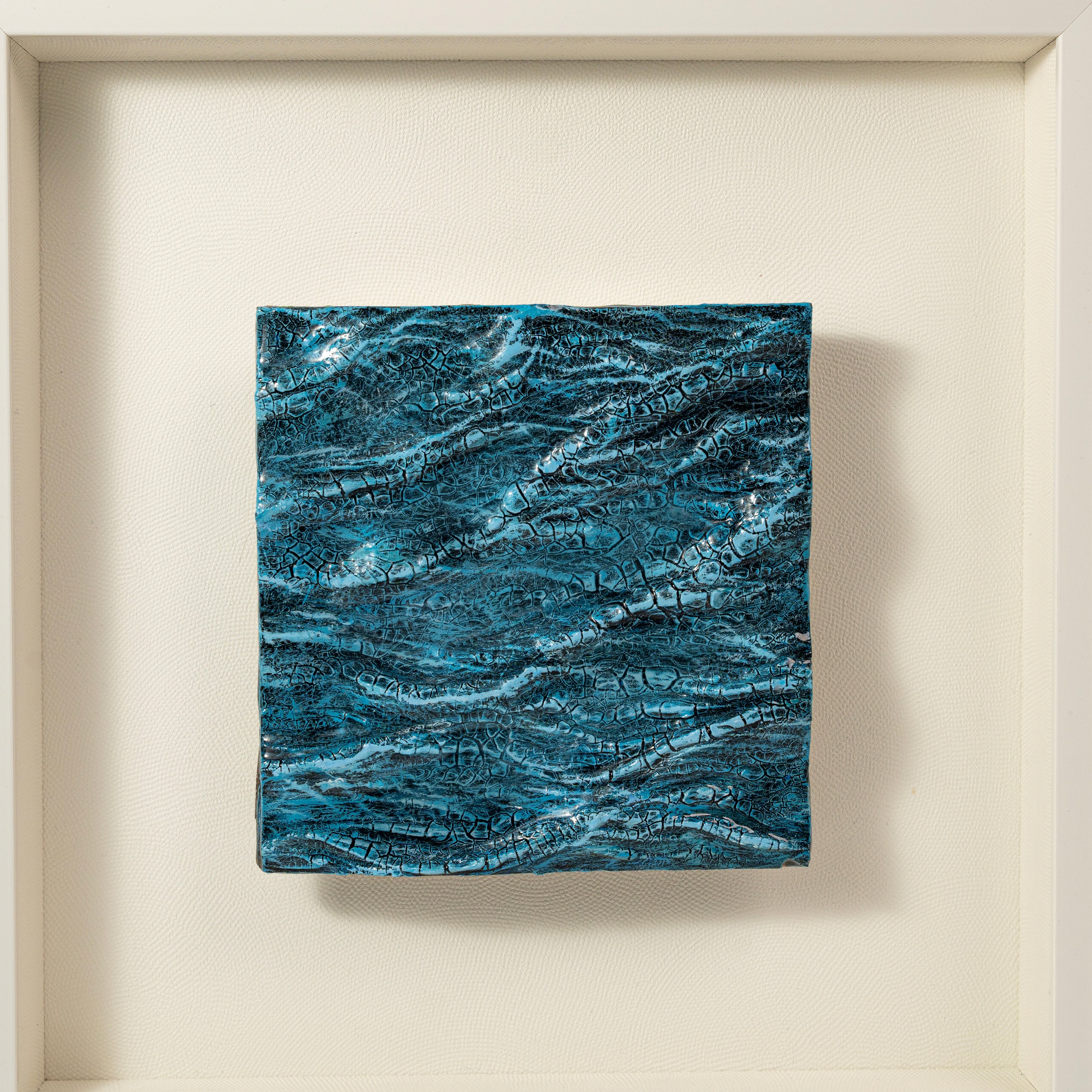 Unframed canvas of Pelagic — Mineral Texture · Aura Frame, revealing the full water element mineral surface with its accumulated color gradient from deep navy to crystal shallow tones and Song Dynasty-inspired crackle detail marking the movement between states.
