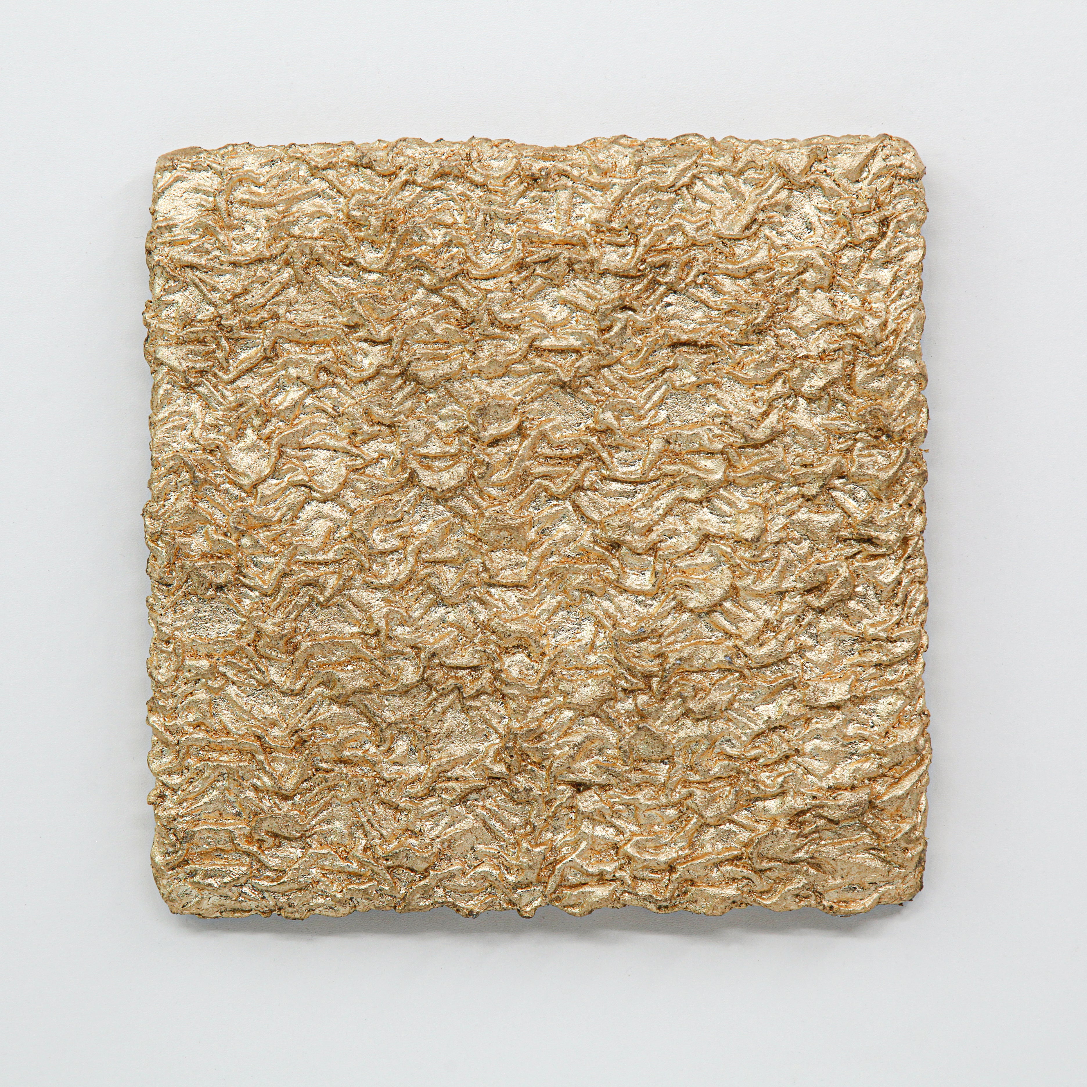 Unframed canvas of Shan — Gilded Foil · Aura Frame, revealing the full earth element mineral surface where hand-layered natural pigment holds two simultaneous readings — mountain terrain and desiccated earth — overlaid with 1,700-year Eastern Jin gilding tradition foil beaten to 0.1 microns.
