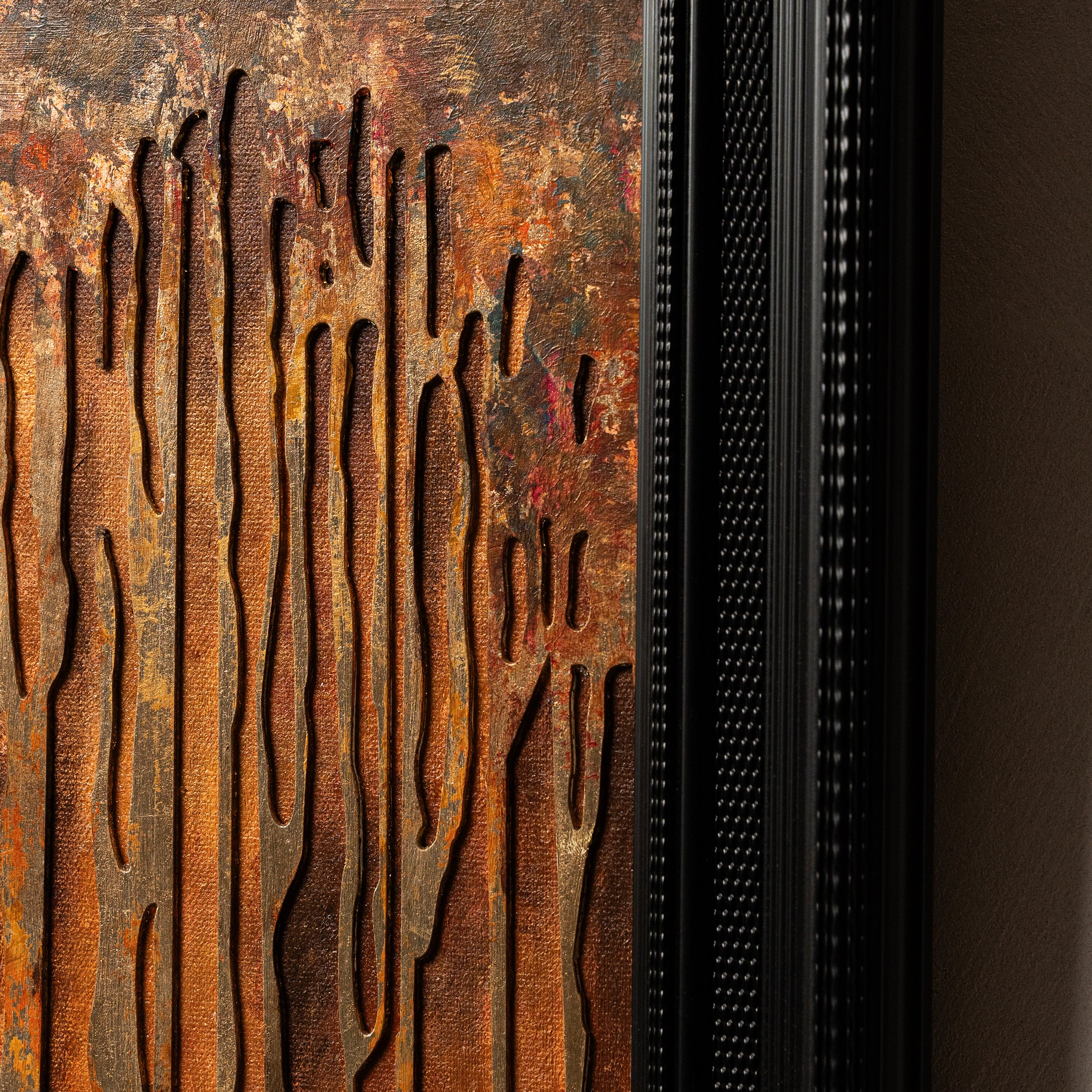 Shimmering Cascade — right-center detail of handcrafted fired foil surface, revealing layered flame-kissed texture and depth of the fire element technique.
