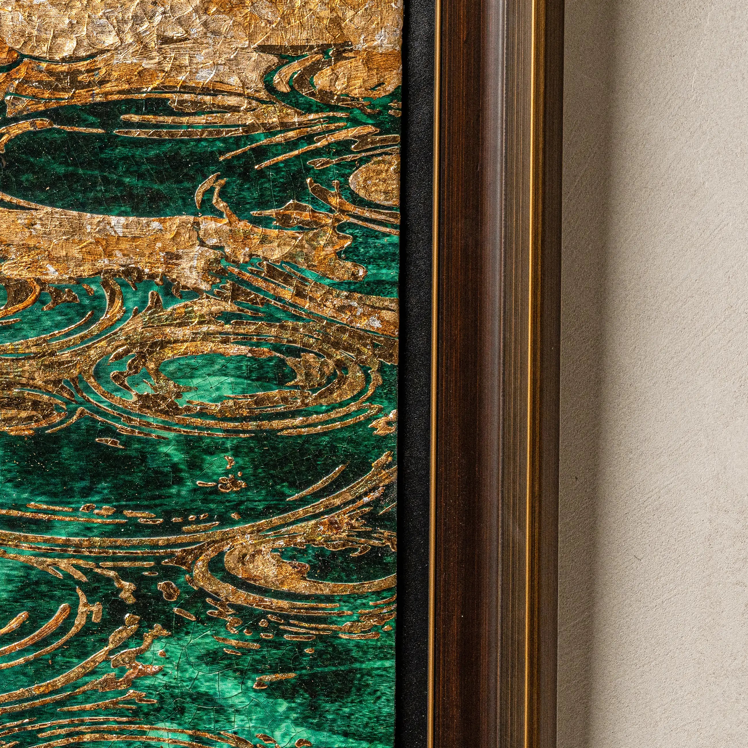 Close-up of Still Water, Deep Current — Patinated Foil Grand, showing individually hand-sculpted wave ripples and crackle texture formed as layers of AetherCanvas® natural mineral pigment cure at different rates across the surface.