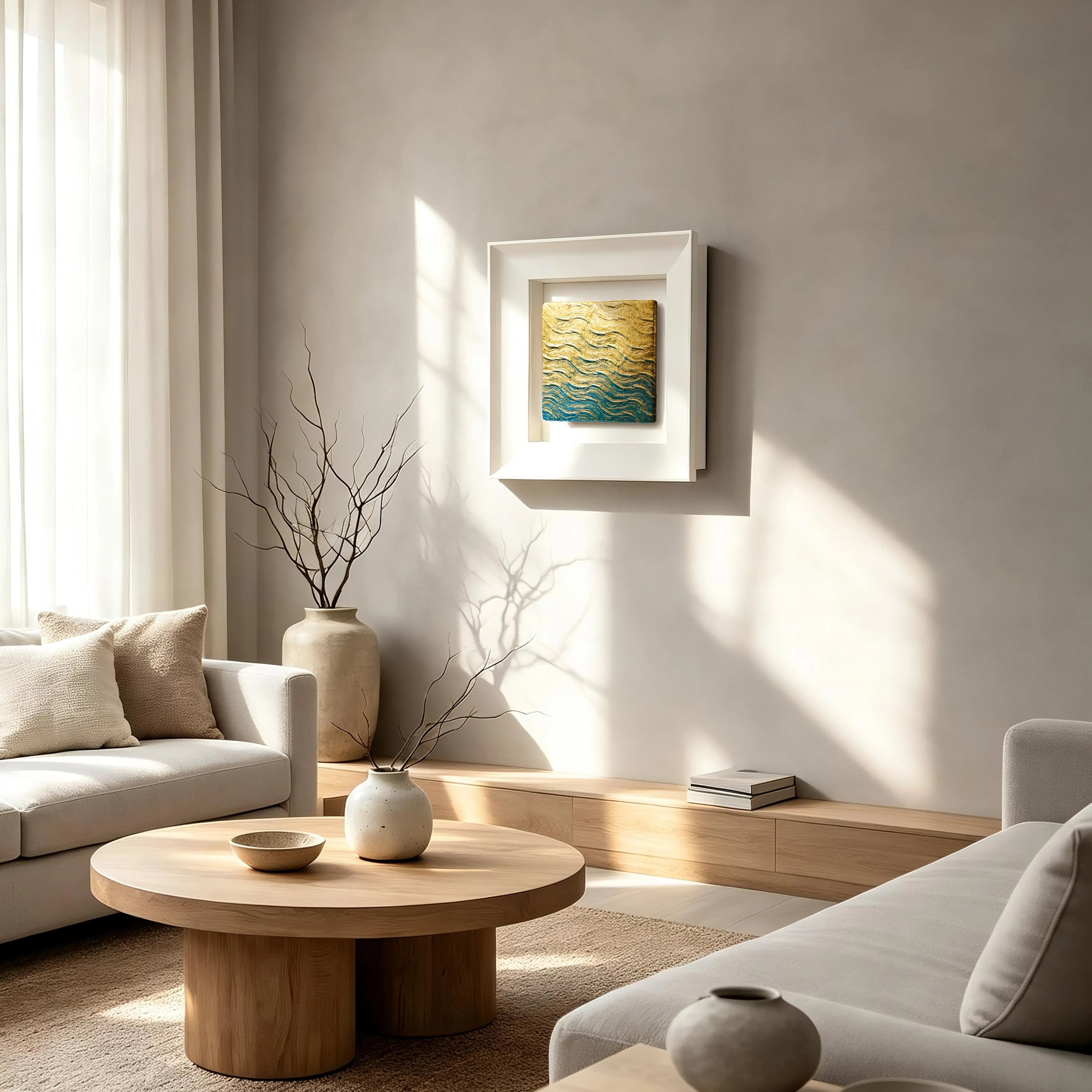 Water element gilded wave wall art displayed in an interior setting, its 3D mineral texture of warm gold crests and deep ocean-blue grooves bringing the unhurried movement of a sea breeze across layered waves to the wall.
