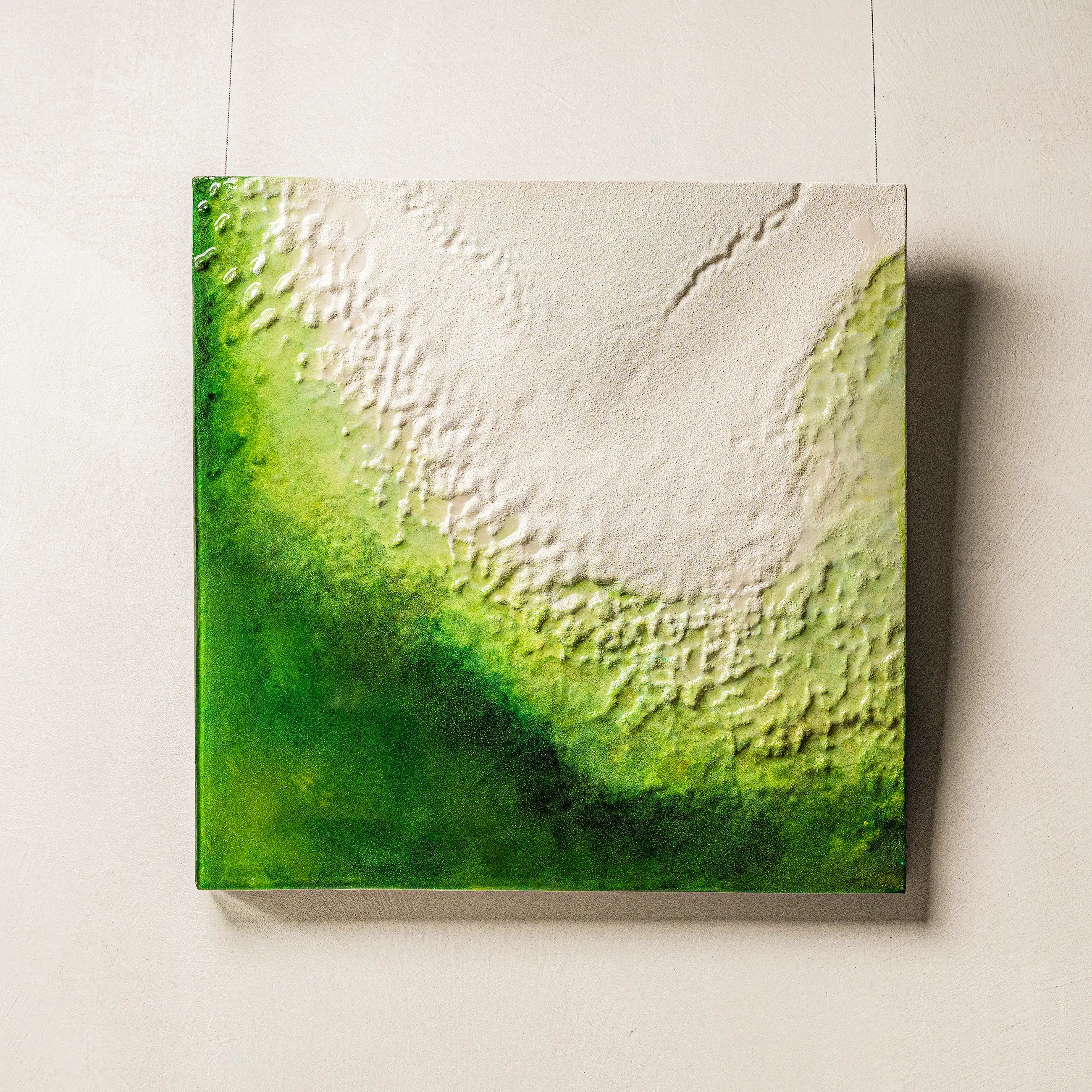 The Frozen Spring of Life handcrafted wall art — full view of its water element-inspired 3D mineral texture, where layered greens dissolve into soft white, capturing the stillness of a mist-covered forest lake.