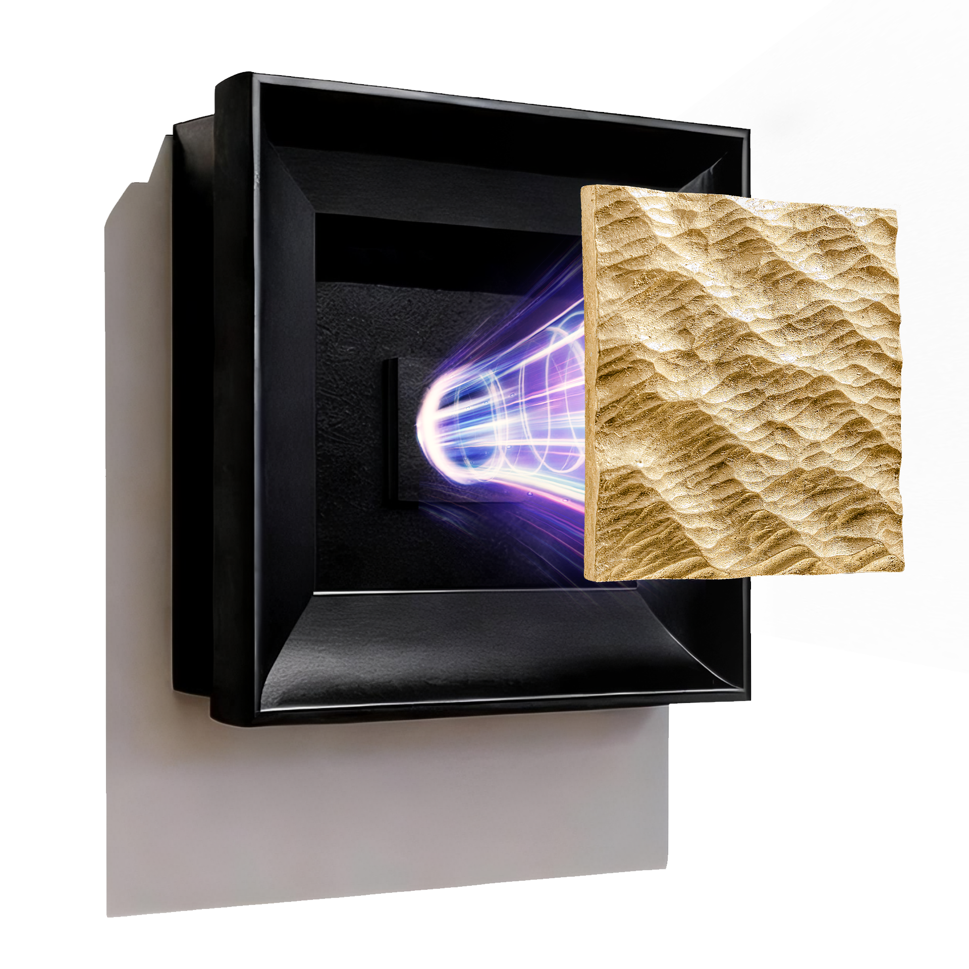 A demonstration of the Aura Frame's magnetic system: a textured gold mineral canvas panel snapping into a deep black frame with a glowing energy portal effect, illustrating how the artwork can be easily exchanged.